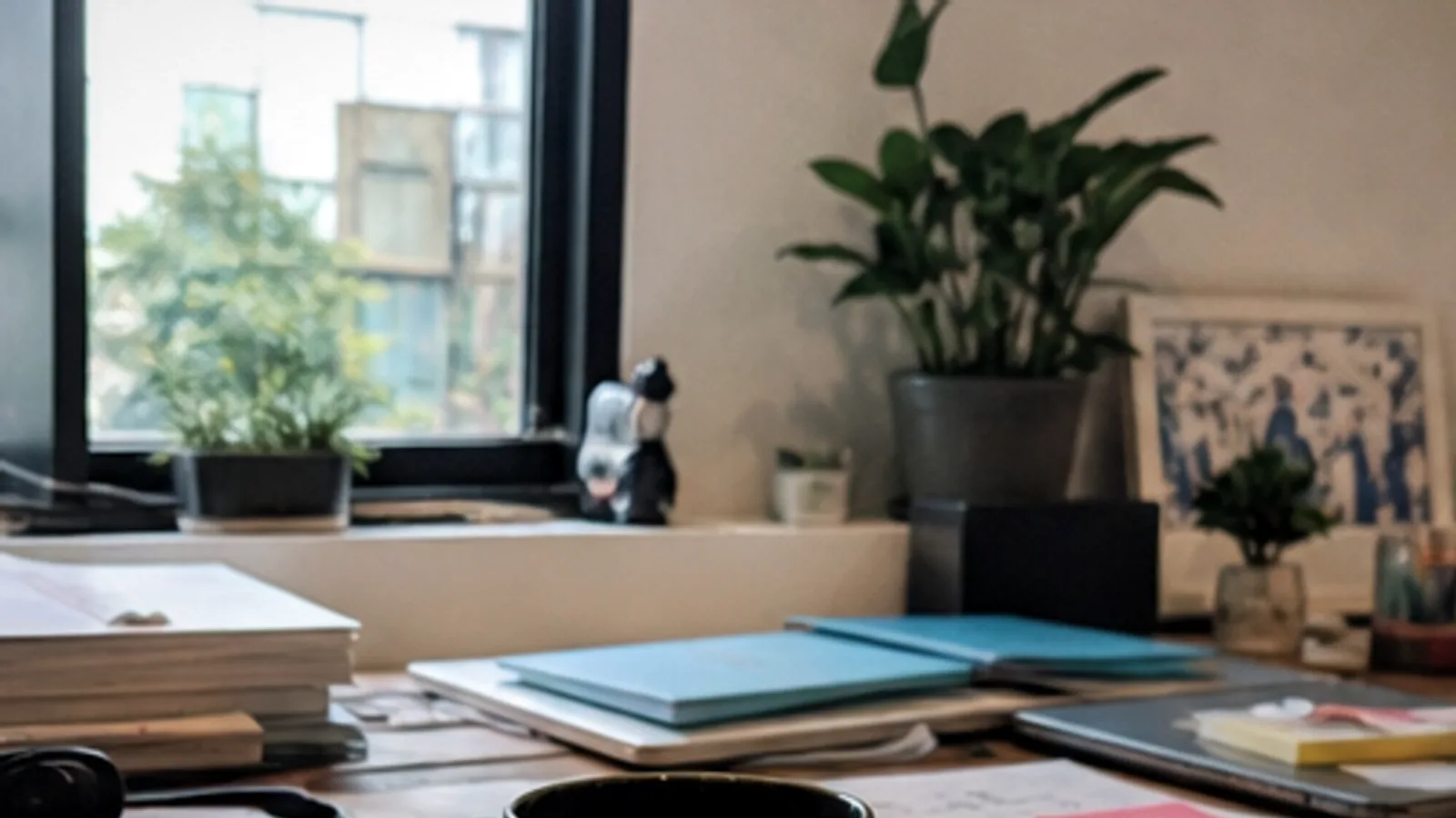 A real working desk with campaign notes, a notebook, and coffee